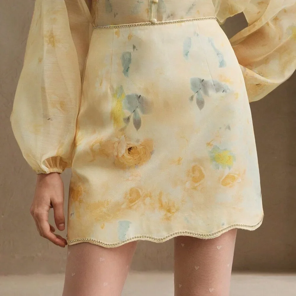 Yellow Elegant Women's French Floral Print High Waist Skirt